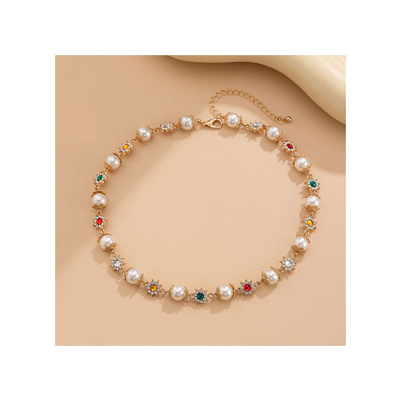 IFYOUOO Luxury Shinny Colorful Rhinestone Short Necklace Women Imitation Pearl Choker Jewelry Collar Wed Bridal Goth