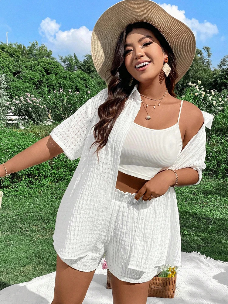 Plus Size Womens 2025 Summer Pure Colour Cutout Beach Knit Suit Choice for Summer Polyester Material 250410