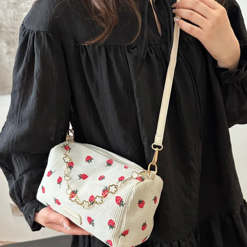 Strawberry print horizontal mini bag Corduroy Fresh Ins style lingerie refined female student travel shoulder 250401