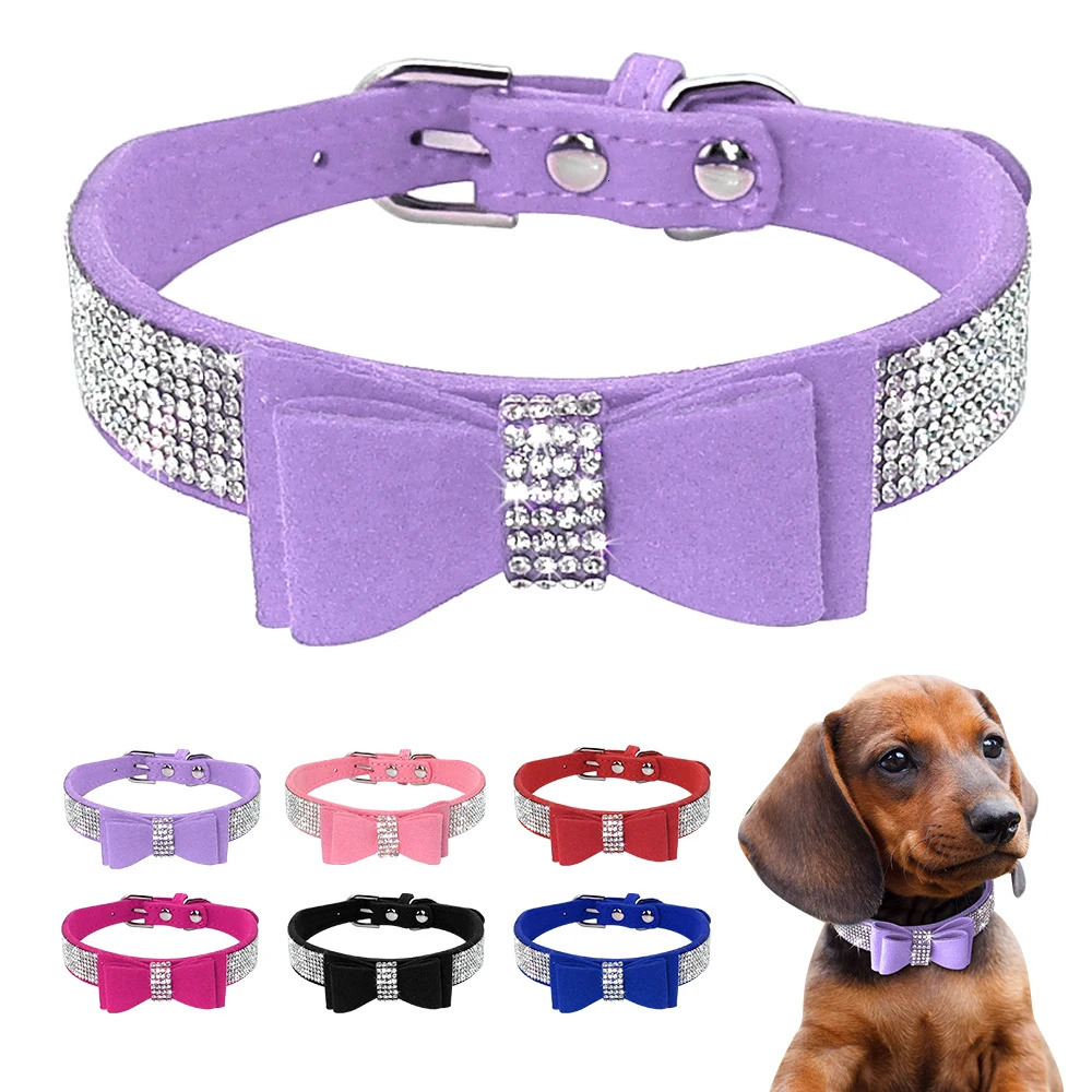Small Medium Bling Rhinestone Suede Leather Bowknot Accessories Dog Collar Adjustable Pet Puppy Kitten Pug Necklace Collars 251104