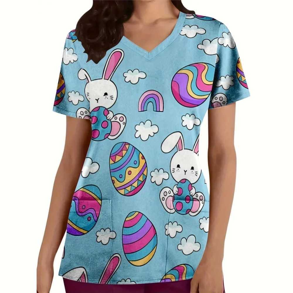 Clinical Uniform Womens Easter Rabbit Print Fashion V-neck Dental Medical Comfortable Short Sleeve Patch Pocket Nurse Uniform Womens X250410