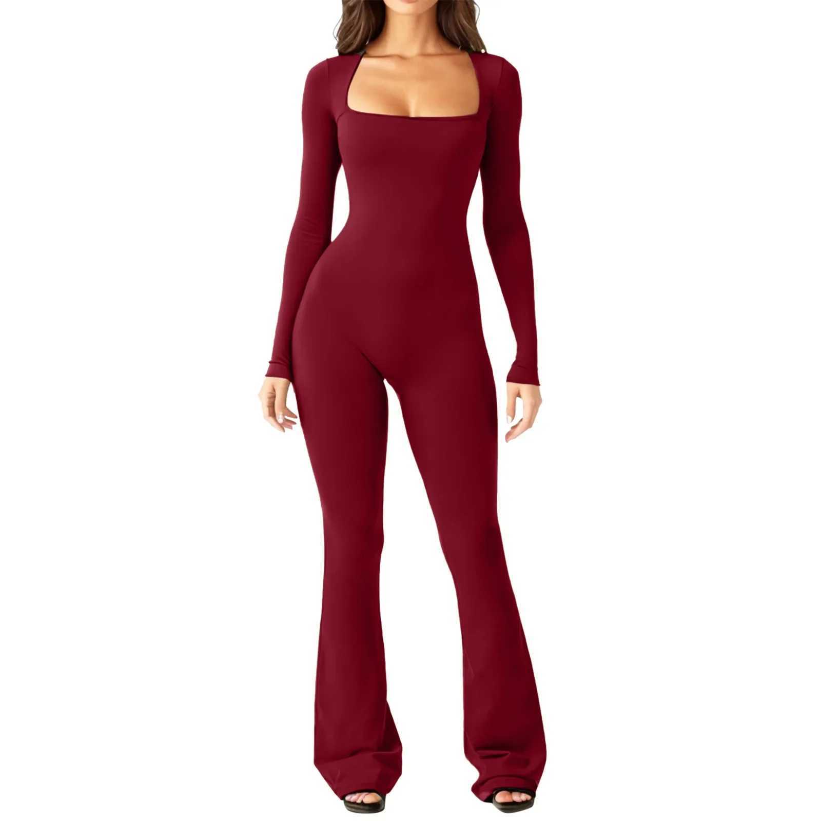 Womens yoga set with long sleeves belly tie waist and hip lifting square neck wide legs high elasticity jumpsuitW250411