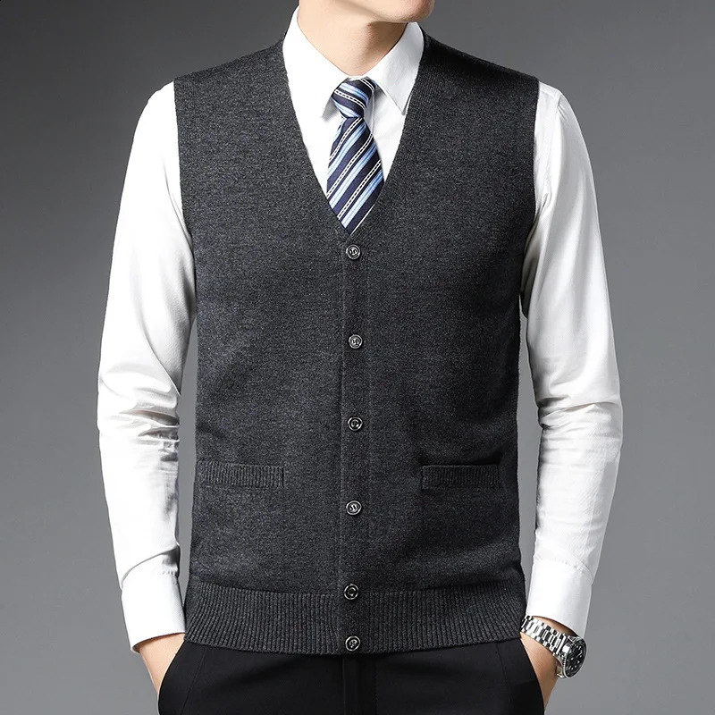 Mens autumn and winter cardigan wool sweater youth casual vest solid color pocket sleeveless warm knit top 250411Z