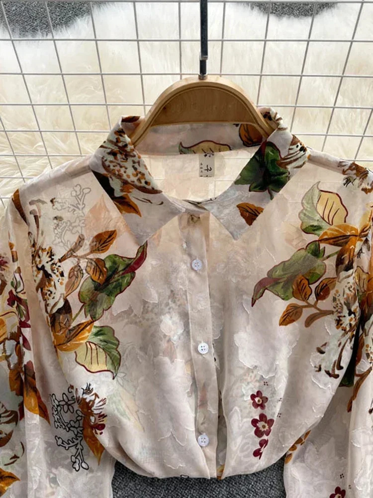 Spring Autumn Temperament Fashion Retro Chiffon Floral Blouses Print Loose Lapel Puff Sleeve Top Button Up Shirt Female GD611 250409