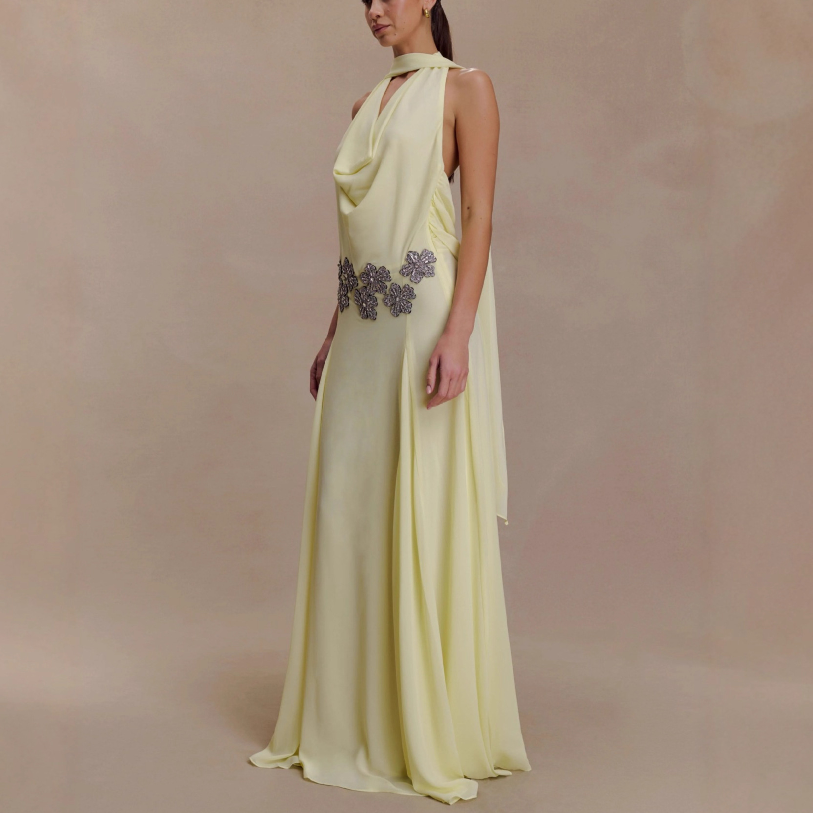 H27012 New 2025 Summer Elegant Deep V Silk Satin Long Dress with Halter Neck and Waist Fit