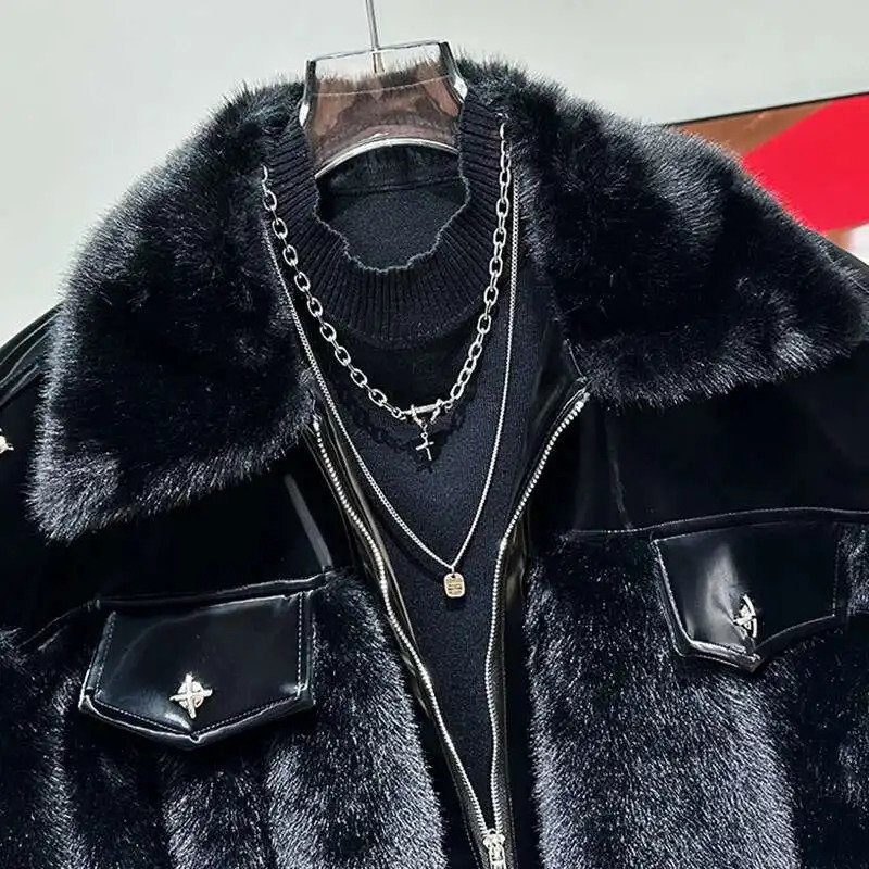 PFHQ Fashionable Patchwork Mens Parka Jacket Cotton Faux Mink Fur Thickened Autumn Winter Solid Color Warm Tops 21Z7717 251105