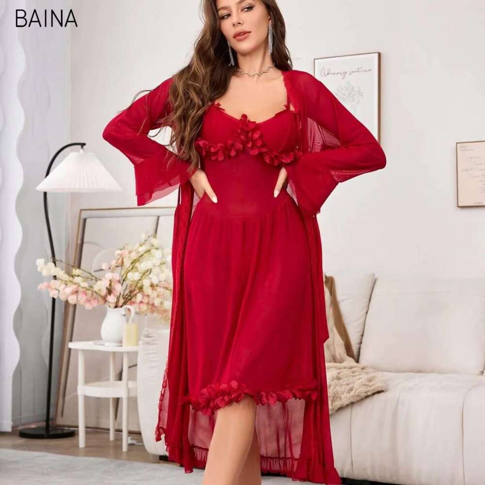 Valentine's Day Pama Mesh Wedding Dressing Sexy Ruffles Pamas Robe Pyjamas Set Sleeping Gown + Sg Dress