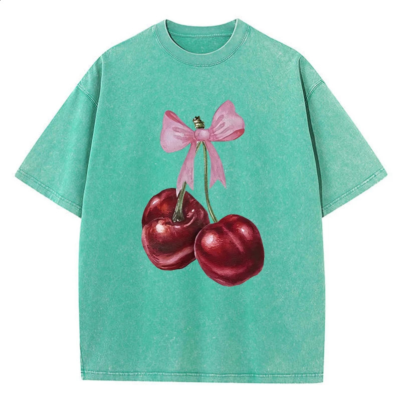Womans Cotton Washed T-Shirts Fashion Distressed Loose Tee Shirts Carefully Packaged Cherries Prints Tops Casual Female Clothes 250410