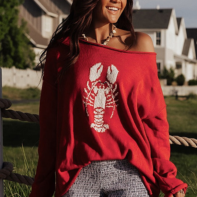 Women's multi-color lobster print sweater, off-the-shoulder long-sleeved top, troffice outfits for women, outerwear, christmas outfit for women--