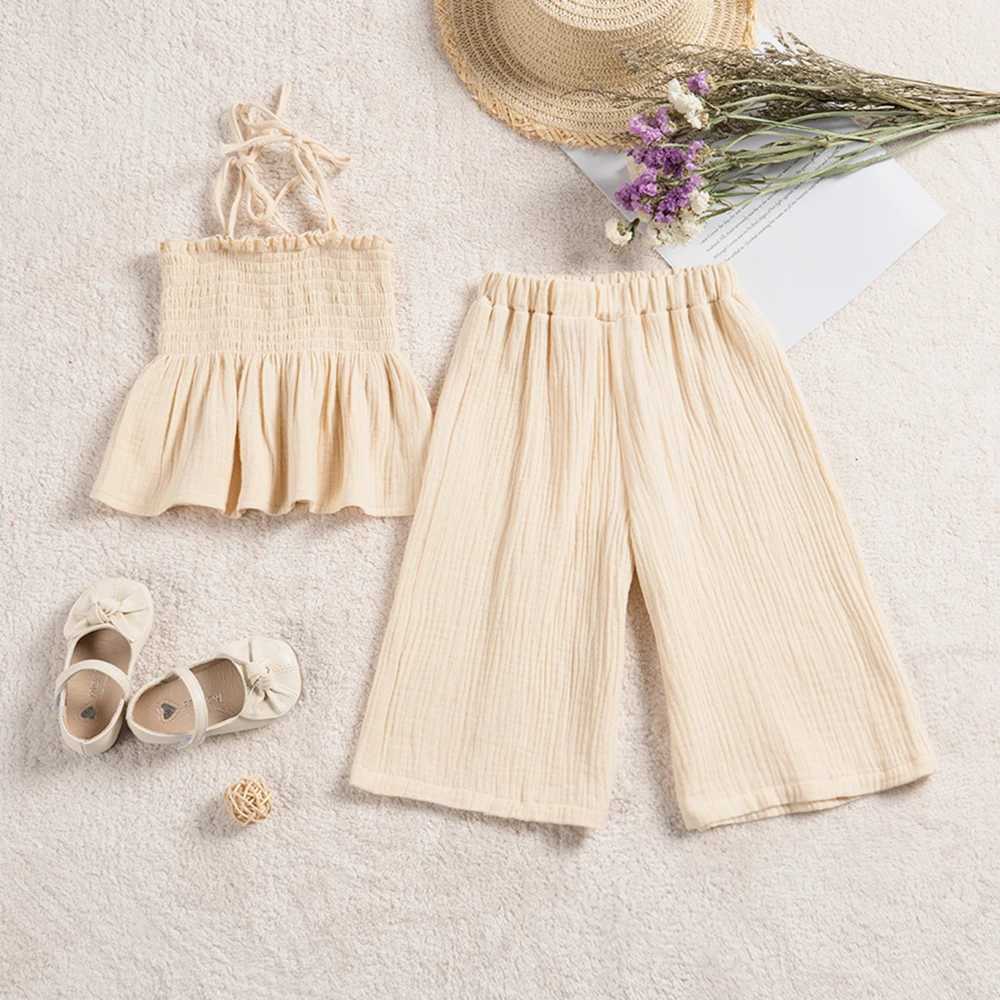 2024 Summer Girls and Childrens Plain Cotton Set Solid Color Pendant+Wide Leg Pants 2PCS Clothing Set Sweet and ComfortableXJ250410