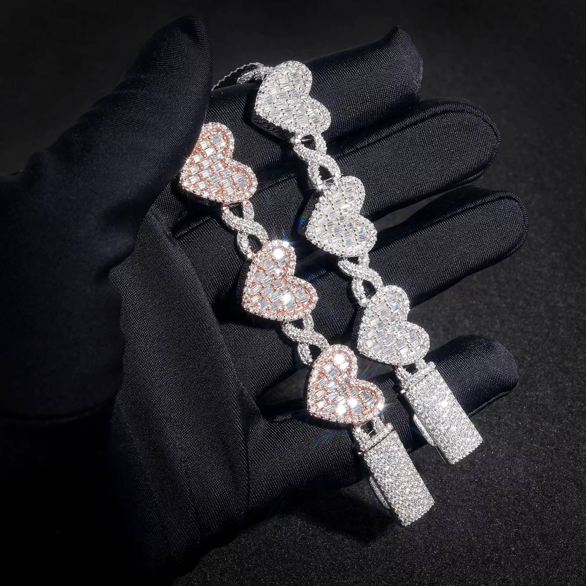 Sterling Silver Iced Out Moissanite Bracelet Baguette Heart Cuban Bangles Elegant Necklaces Chain with Heart