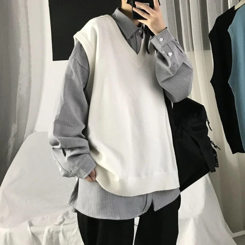 Mens Autumn Solid Color Loose V Neck Knitted Sweater Vest Korean Style Trendy Sleeveless Cardigan Outerwear 251104