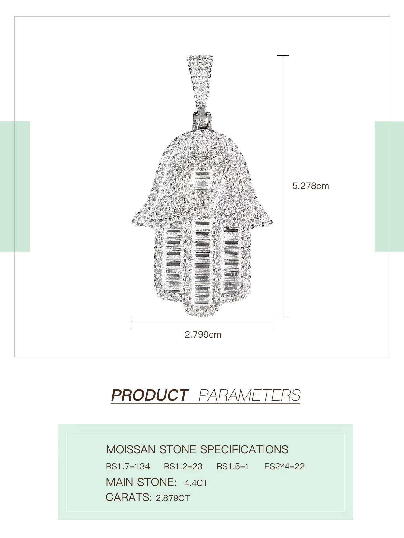 925 Sterling Silver Iced Out Moissanite Hamsa Hand Pendant Unisex 18K Gold Plated Hip Hop Style Gift for