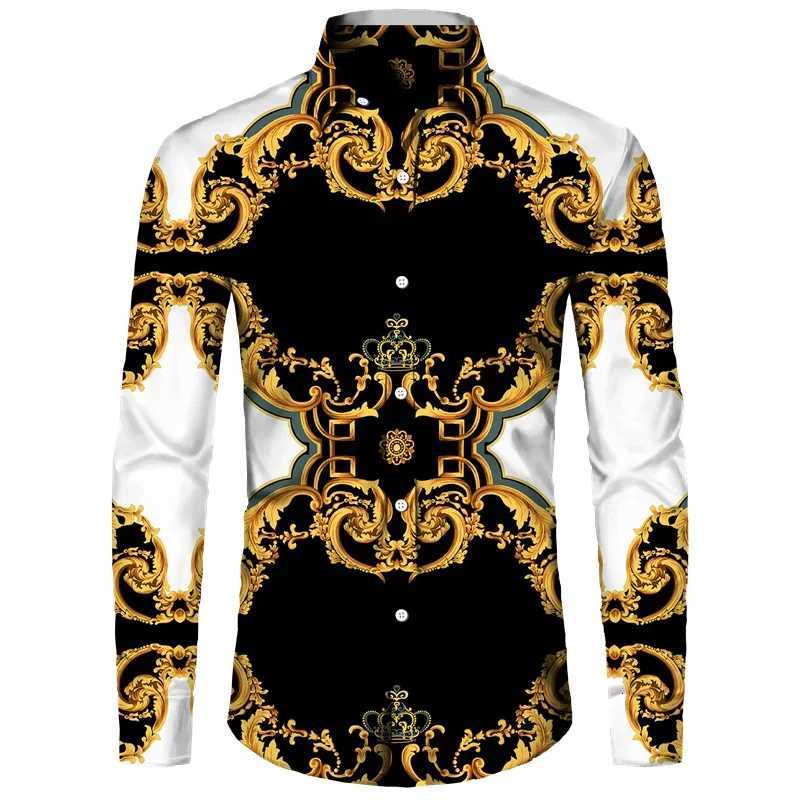 2024 Mens Gold Printed Long Sleeve Shirt Mens Casual All-match Fashion Street Mens Shirt Lapel Single-breasted Long Sleeve K251110