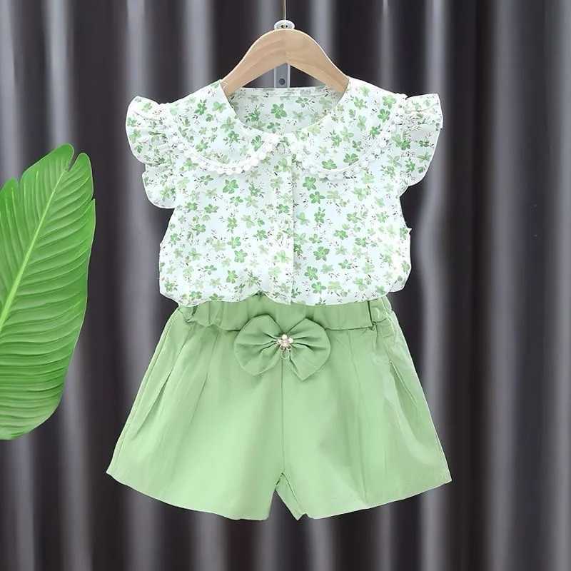 Summer childrens girl set cute floral print short sleeved T-shirt and shorts 2PC set casual set baby clothingXJ250410