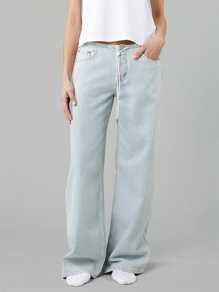 CHRONSTYLE Women Drawstring Jeans Loose Solid Color Low Waist Straight Leg Denim Pants Casual Long Trousers Out Going 251130