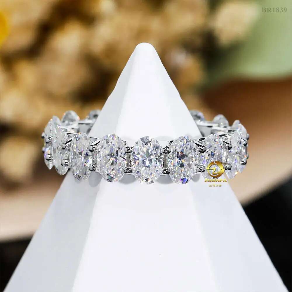 Iced Bling Oval Moissanite Eternity Ring for Women Men 925 Sterling Silver D Color VVS Moissanite Diamond Wedding Band Pass Test