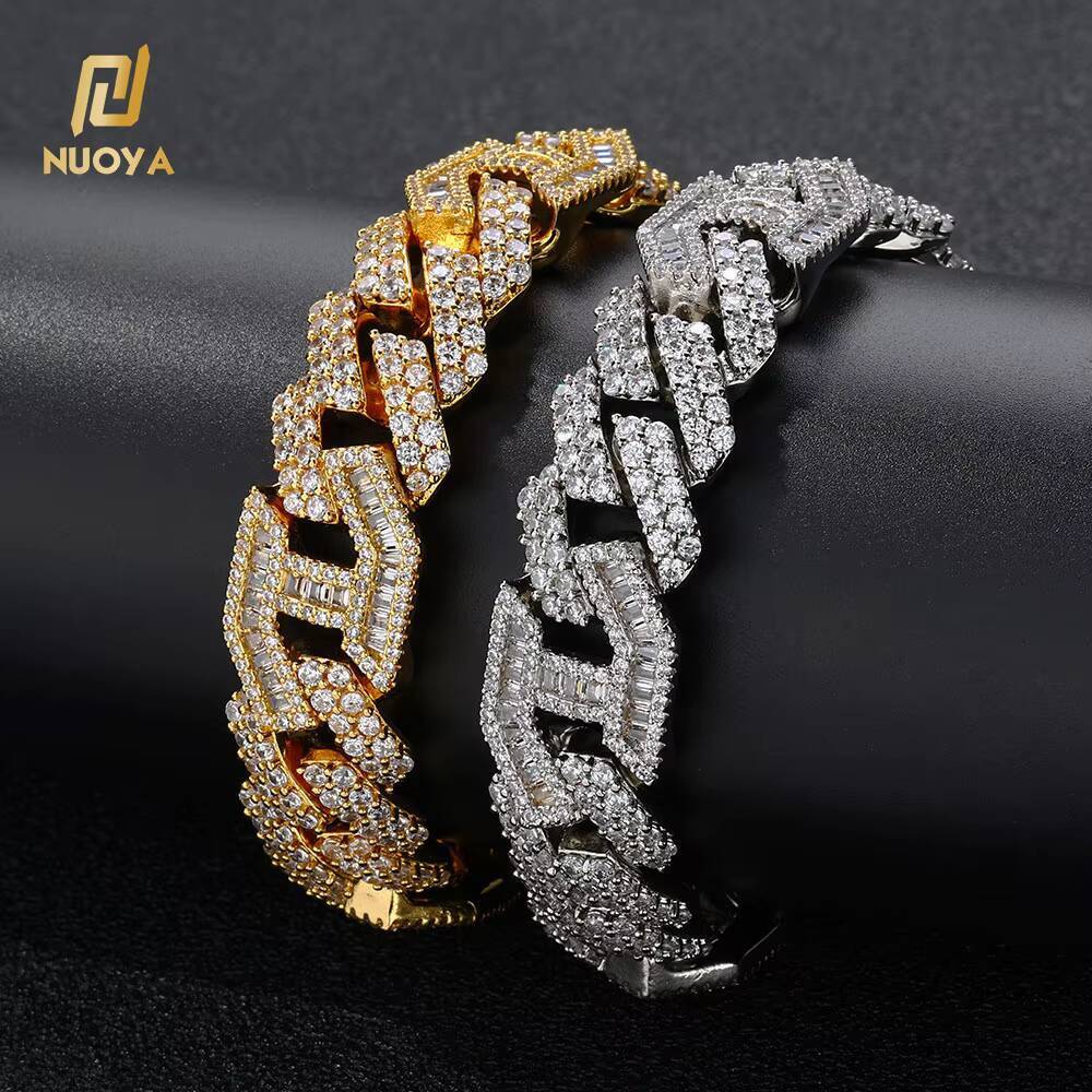 NUOYA Hip Hop Jewelry Silver Plated Cuban Bracelet Full Diamond Micro Pave Bling Moissanite Prong Cuban Link Chain Bracelet