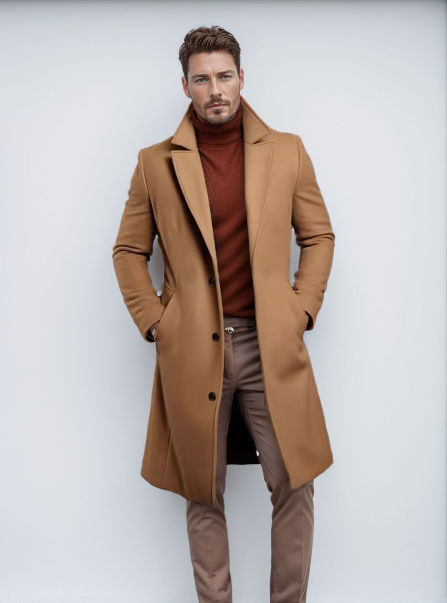 Fashion 2025 New British Style Single-Breasted Thickened Wool Coat for Men, Mid-Length Solid Color Autumn Winter Woolen Suit Collar Coat, Warm Youth C