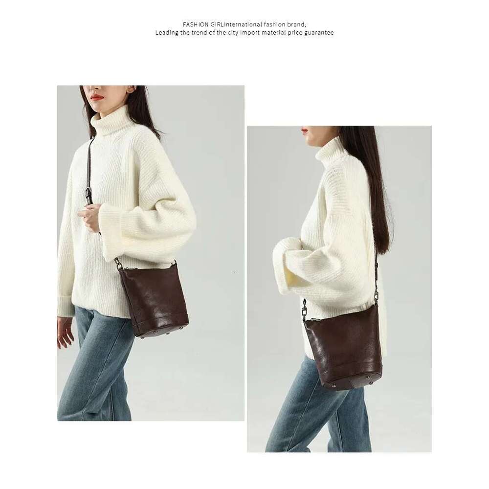 Top Layer Vegetable Tanned Cowhide Small Bucket For Women's Winter New Retro Genuine Leather Single Shoulder Crossbody Bag
