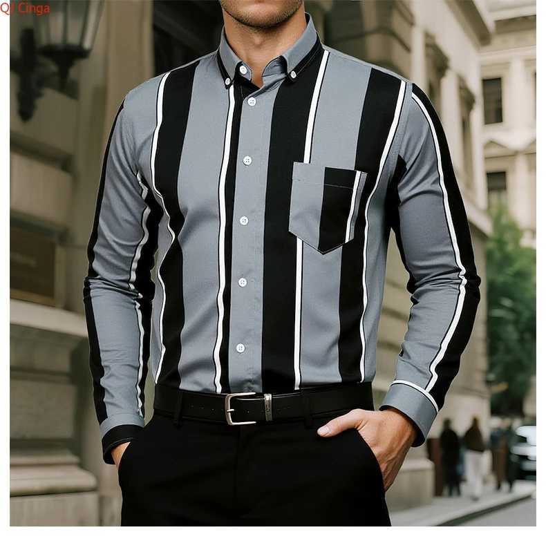 Black Striped Mens Long-Sleeve Shirt Asian Size Single-Button Collar Shirt Available in White Blue Red and Gray K251110