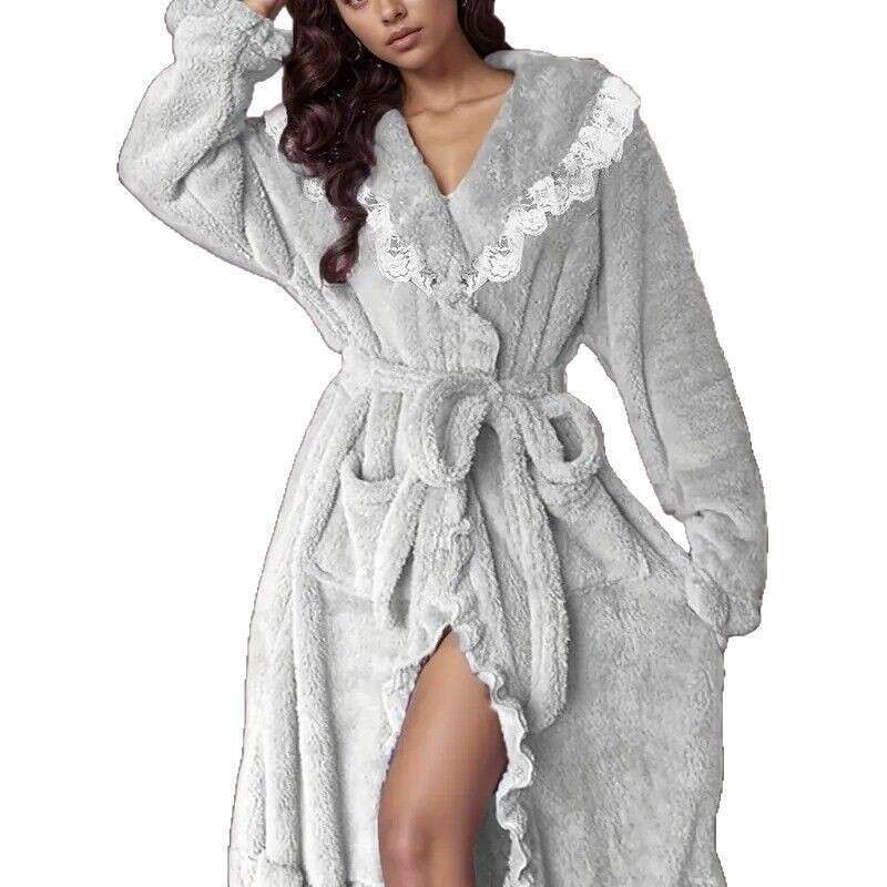 2025 Winter Women's Lace Trim Sweet Comfortable Nightgown Thickened Extended Nightdress