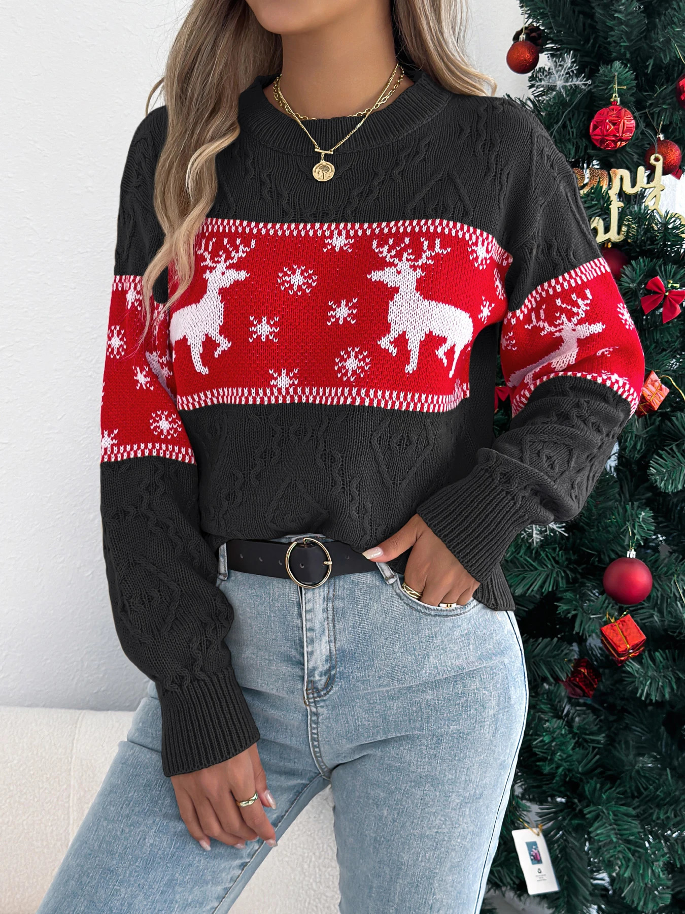 Christmas Woman Sweaters Autumn Winter Casual Round Neck Contrast Color Snowflake Deer Pattern Long Sleeve Pullover 251106