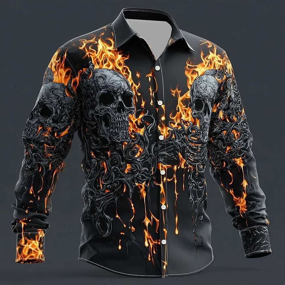 2025 Halloween Mens Skull Flame Halloween Costumes Shirt Button Up Shirt Long Sleeve Shirt Gothic Style Tops Fall Winter K251110
