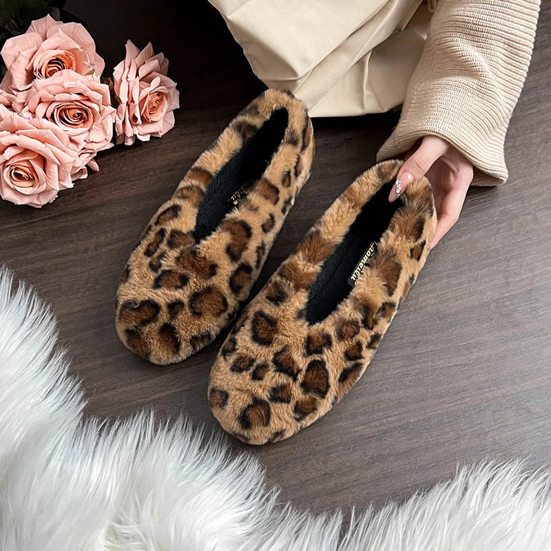 Leopard Mink Fur Flats Women Shallow V-Open Flats Ladies Winter Furry Shoes Slip On Loafers Female Cold Proof Mocasines Mujer 251110