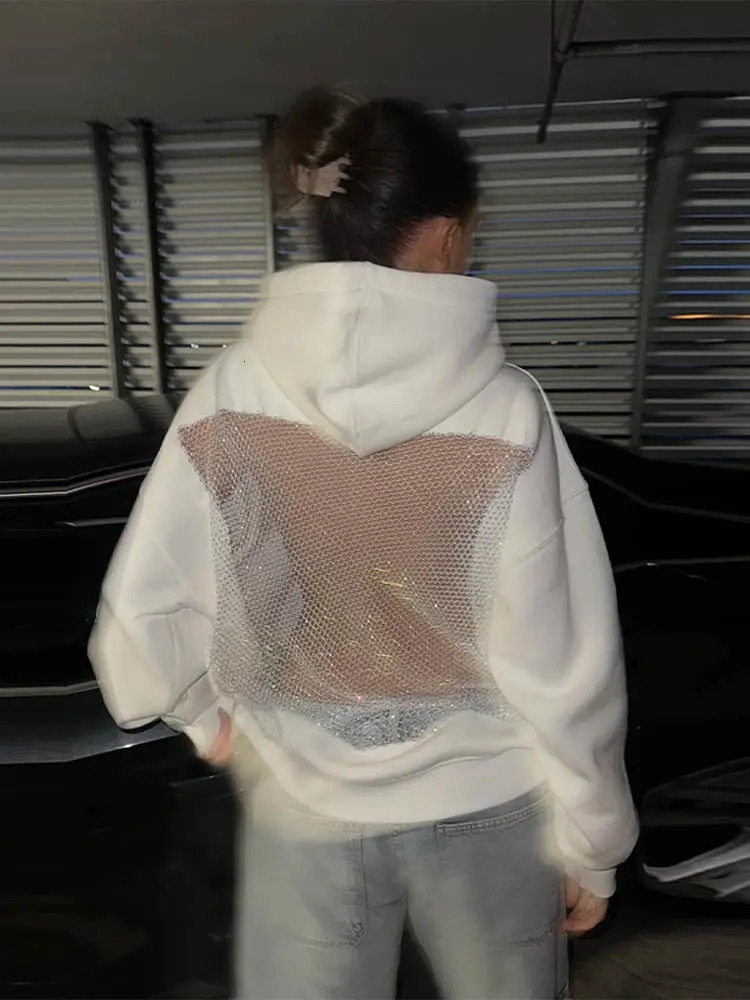 Chic Hollow Out Hooded Jacket For Women Gothic Hollow Mesh Sweatsuit Solid Spliced Streetwears Lady Fashion Y2k Outwear 251105