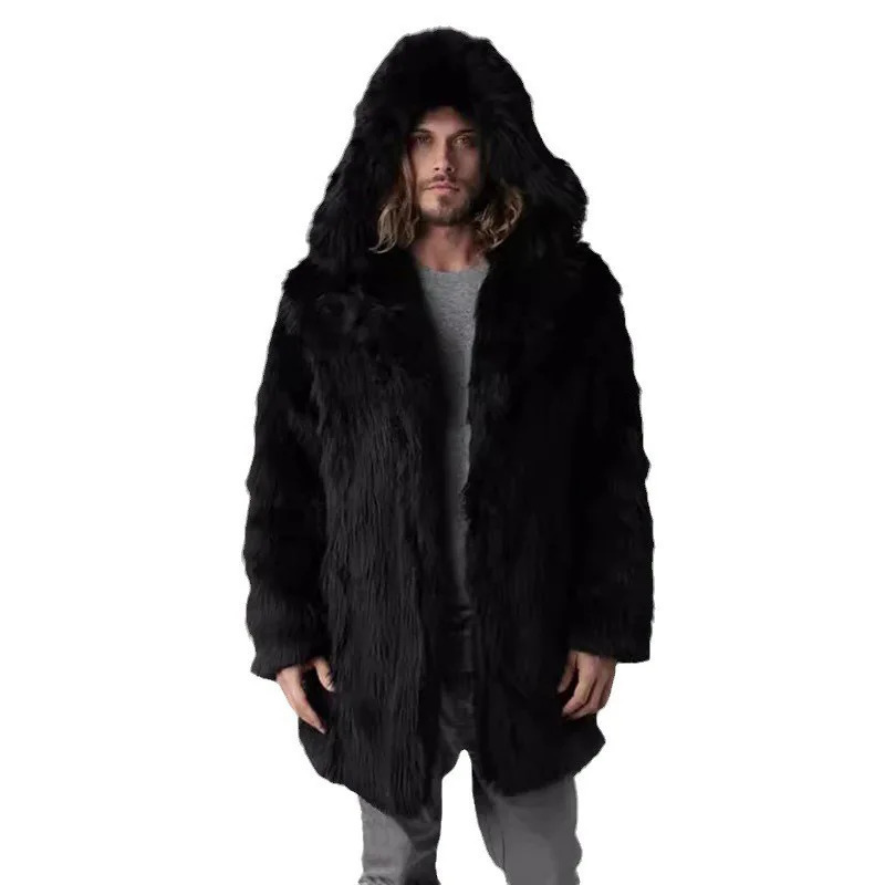 Men Hooded Faux Fox Fur Coats Solid Overcoats Mid Lenth Long Sleeves Open Stitch Loose Fit Casual Streetwear 2025 Autumn Winter 251105