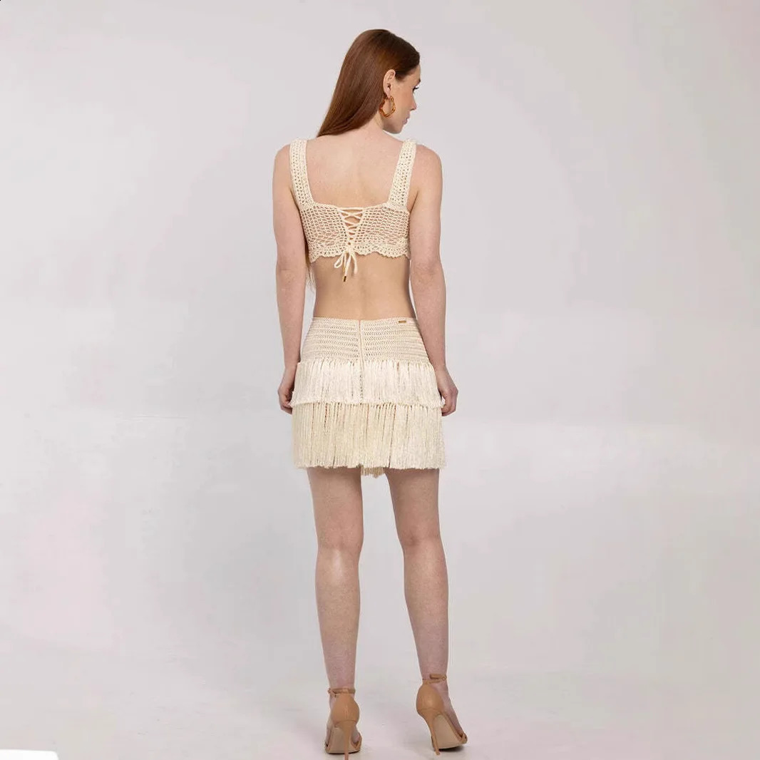 Fashion Tassel Knitted Skirt Sets Women Elegant Holiday Party Two Piece Outfits Summer Crop Top and Mini Skirt Matching Set 250411