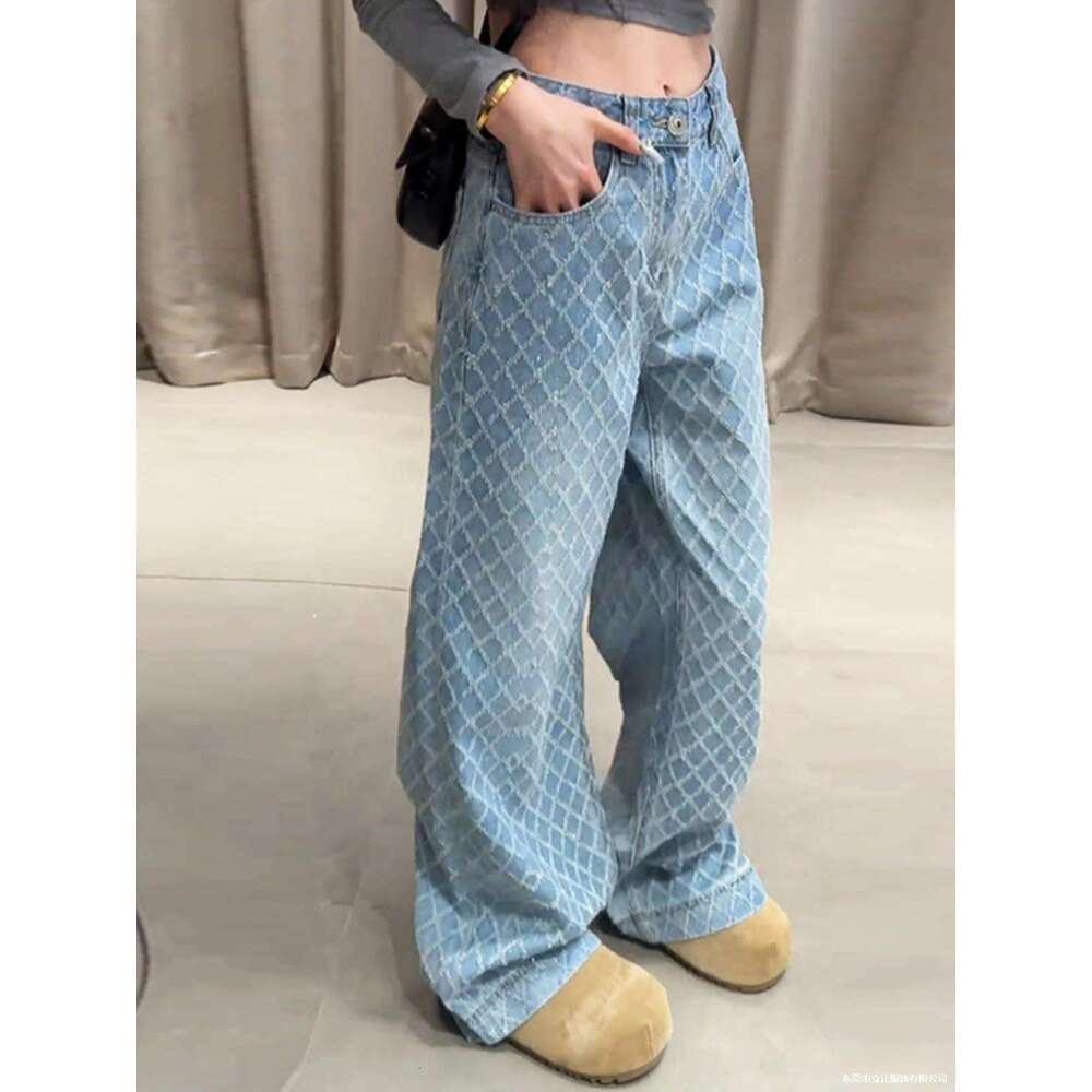 Designer clothing Designer clothing European early spring new high waisted hanging wide leg pants for women, worn diamond grid loose floor pants, blue