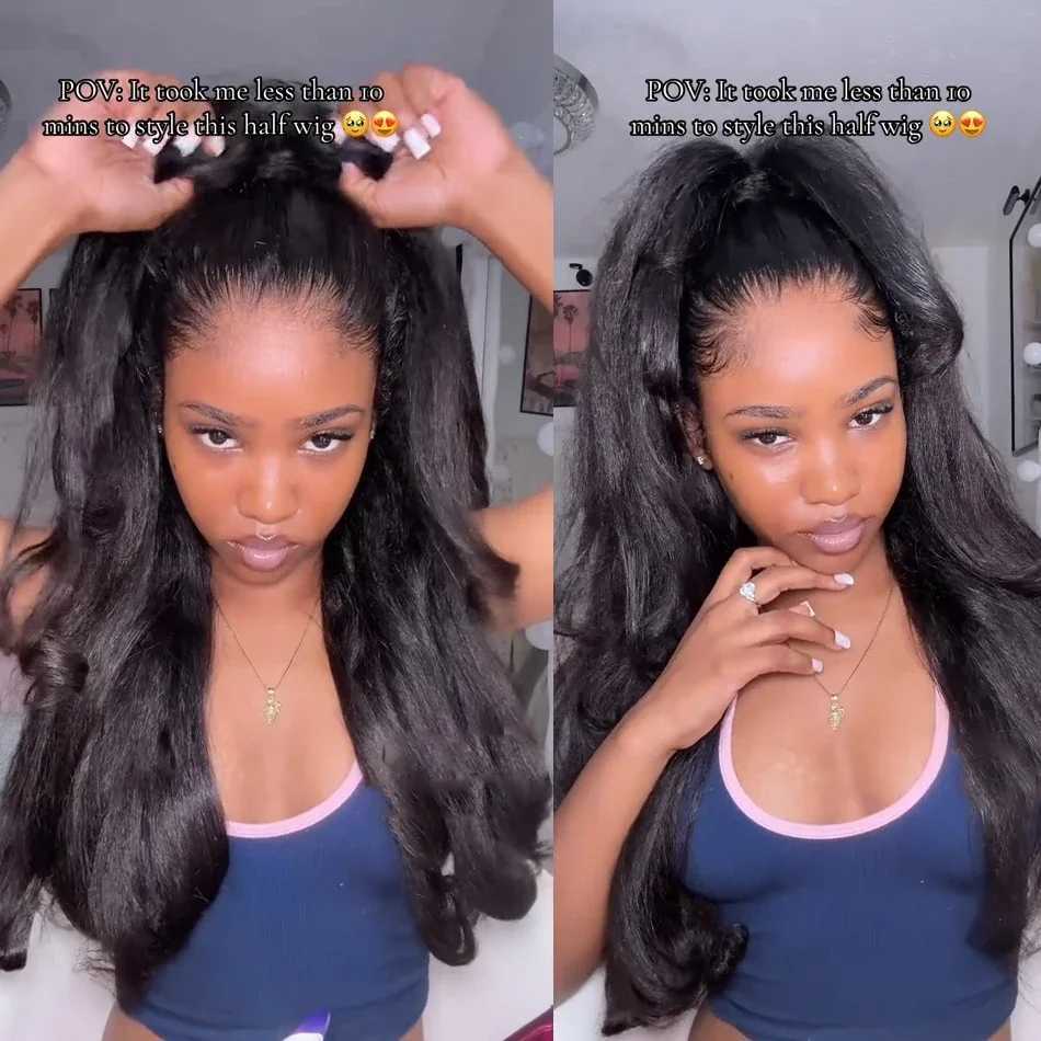 Kinky Straight Half Wig 3 In 1 Half Wig With Drawstring Flip Over Half Wig Yaki Straight Glueless Wigs Ready to Wear Half WigsT251111