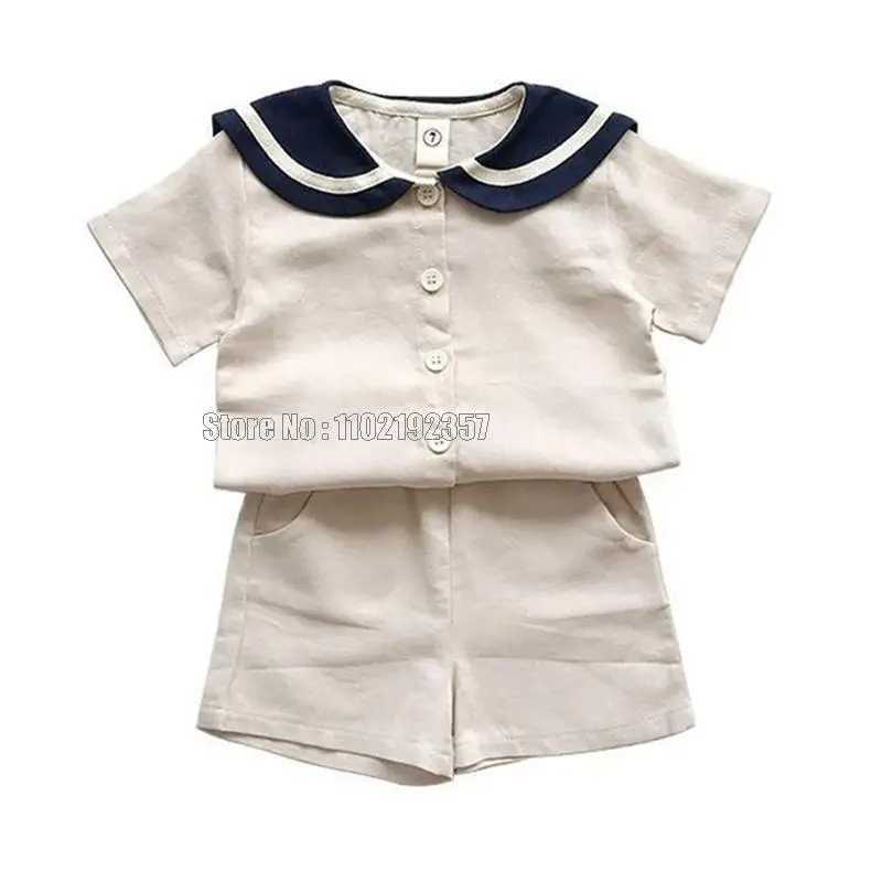 Navy sled childrens sailor collar cotton linen T-shirt+pants 2-piece summer clothing set for boys and girlsXJ250410