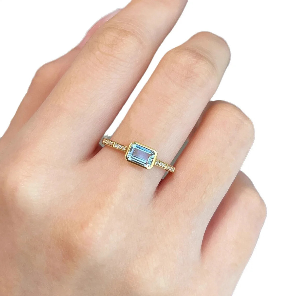 Refined S925 Sterling Silver Gold plated rectangle Aquamarine zircon Womens Ring jewelry Casualeasiest n Daily Ring 250411