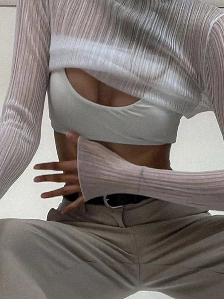 Autumn elegance see through long sleeved plain neck womens tops fashionable streetwear sexy Tshirts ultrathin dresses 250407