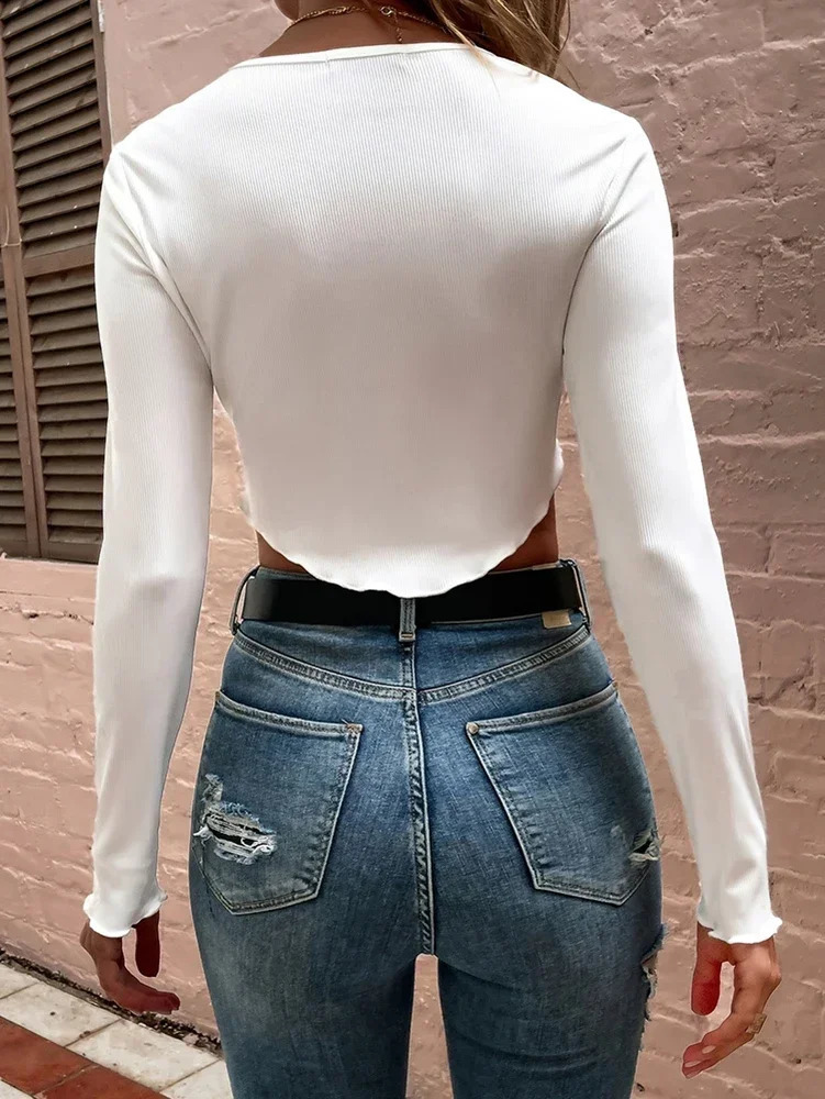 Fashion long sleeved casual Tshirt womens Oneck crop top ribbed slim basic 2025 springsummer sexy 250407