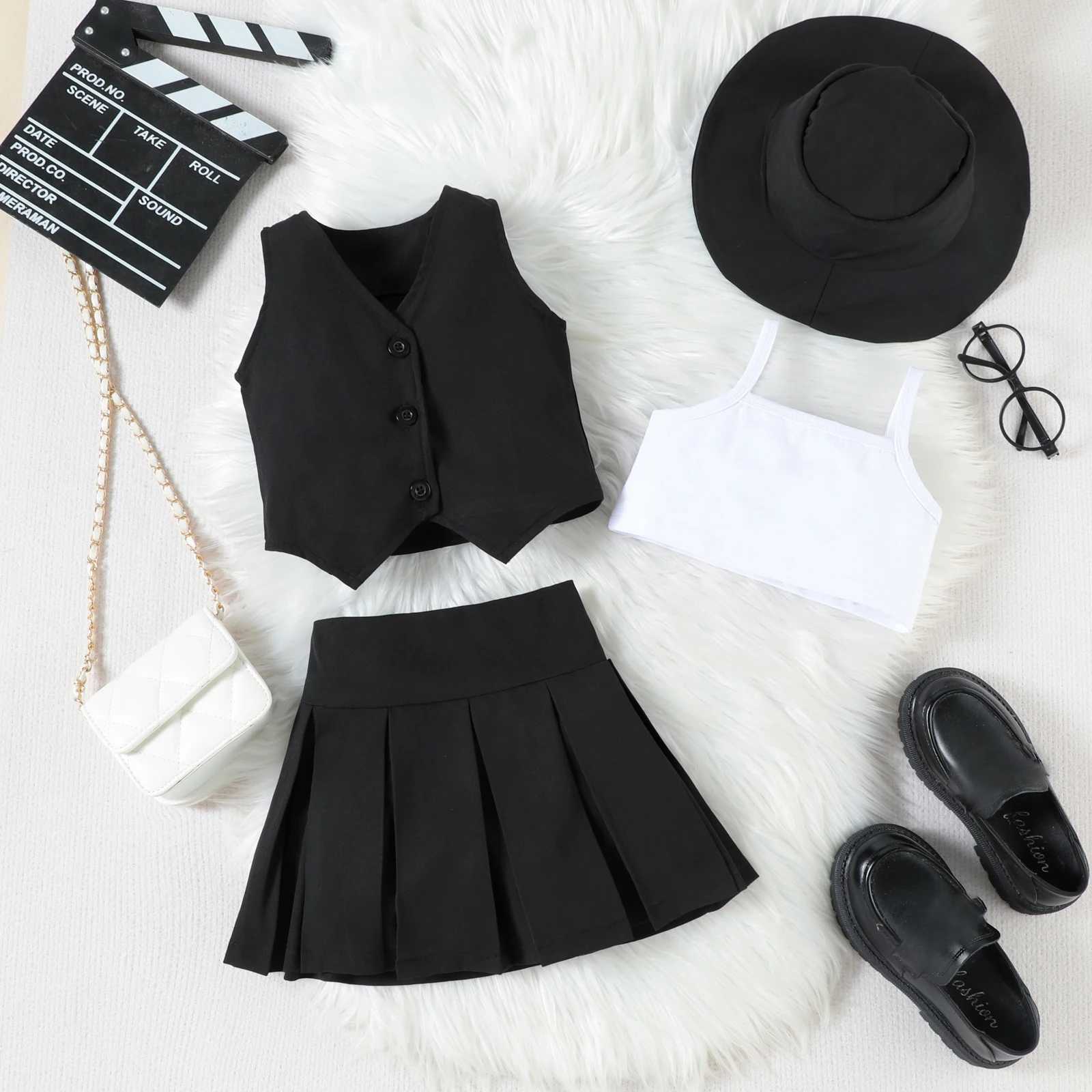 3-7Y Fashion Girls Summer Clothing Set V-neck Sleeveless Button Tank Top Cami Wrinkled Ski Hat 4pcs Childrens ClothingXJ250410