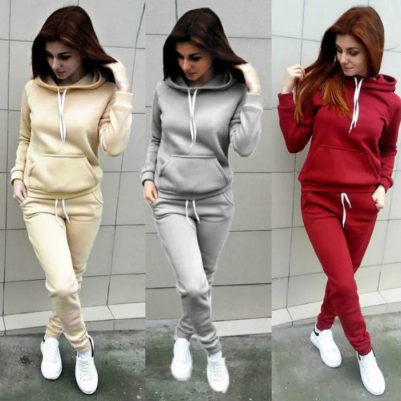 Solid Women Tracksuit Casual Hoodies Sweatshirt Pant Set Lounge Wear Sport Suit 2PCS Autumn Winter Clothes 251105