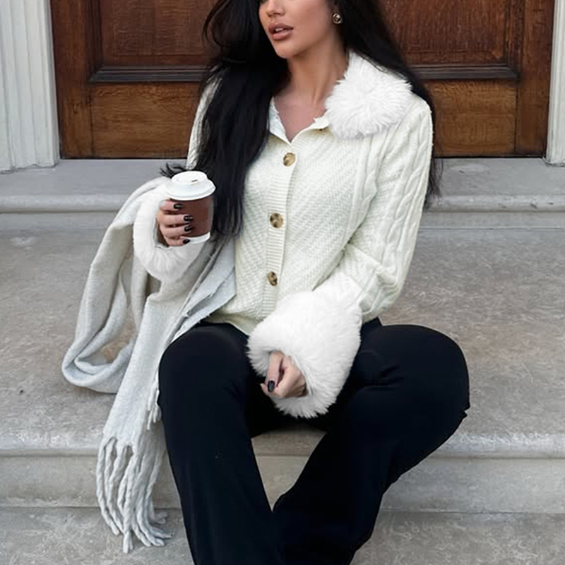 Women's solid-color button-down blouse, with fine fur patches, button fastening, fashionable and popular blouse, herbst clothing thanksgiving out