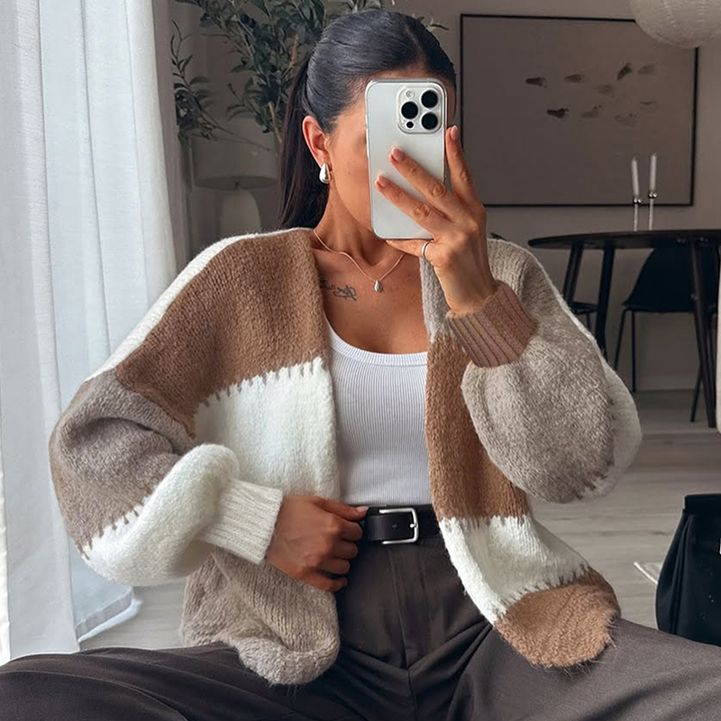 Women's color-block top V-neck long-sleeved sweater patchwork color blocks popular in autumn and winter versatile for all occasions-----TVL102