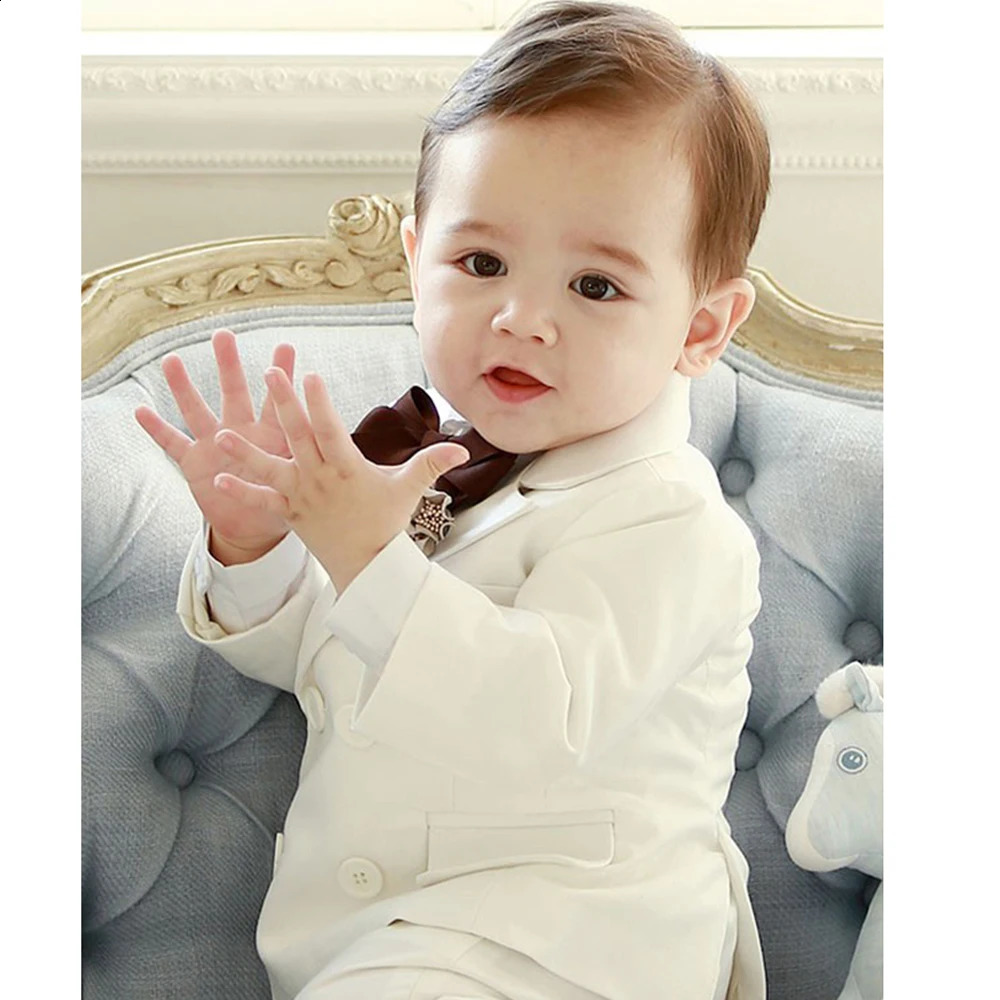 Kids Boys White Blazer Suspenders Pants 3PCS Set Children Baptism Wedding Suit Baby Boy Elegant Dress Party Costume 250410