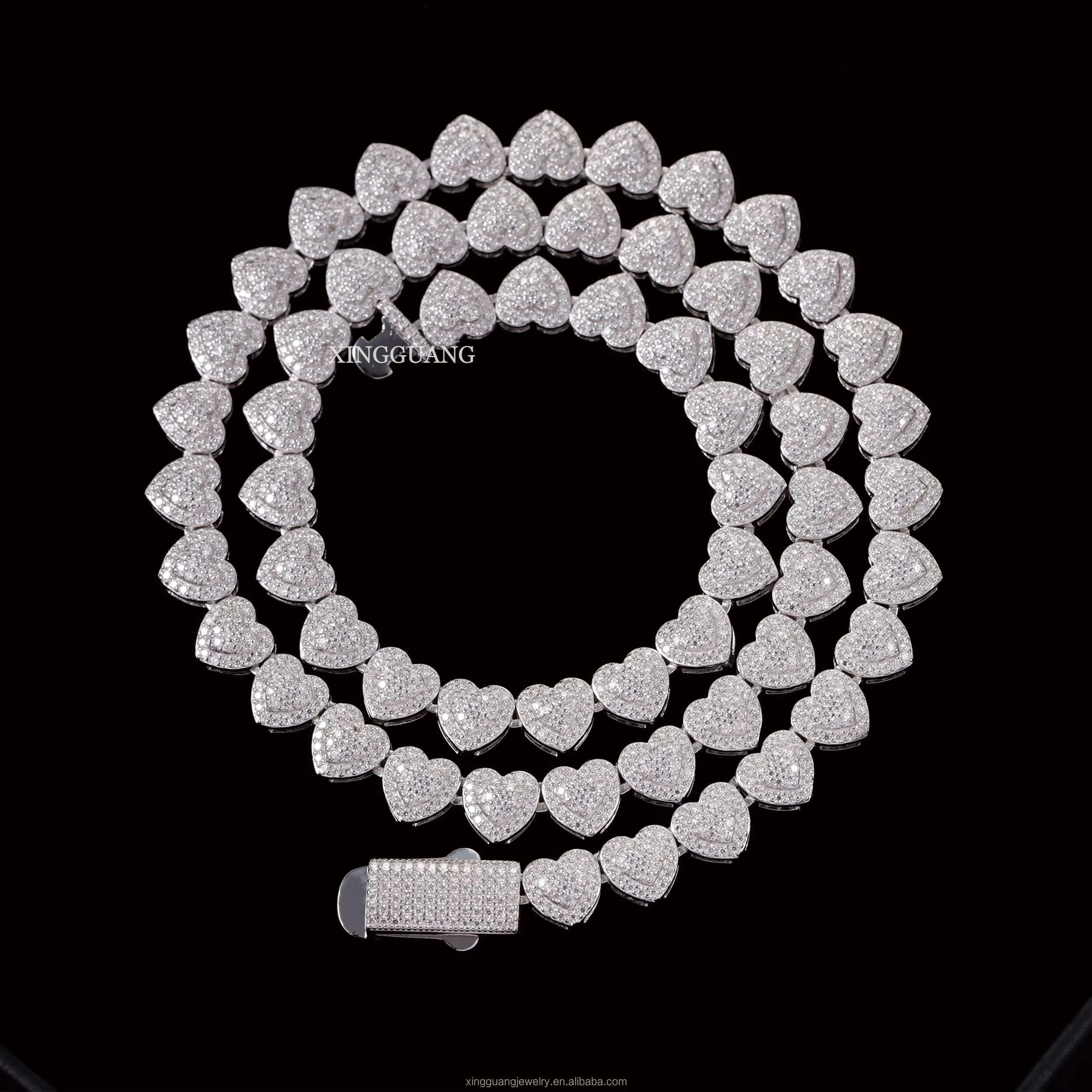 Cuban Jewelry Heart Shape 10mm VVS Cuban Link Necklace Moissanite Tennis Link 925 Silver Moissanite Chain VVS Diamond Chains