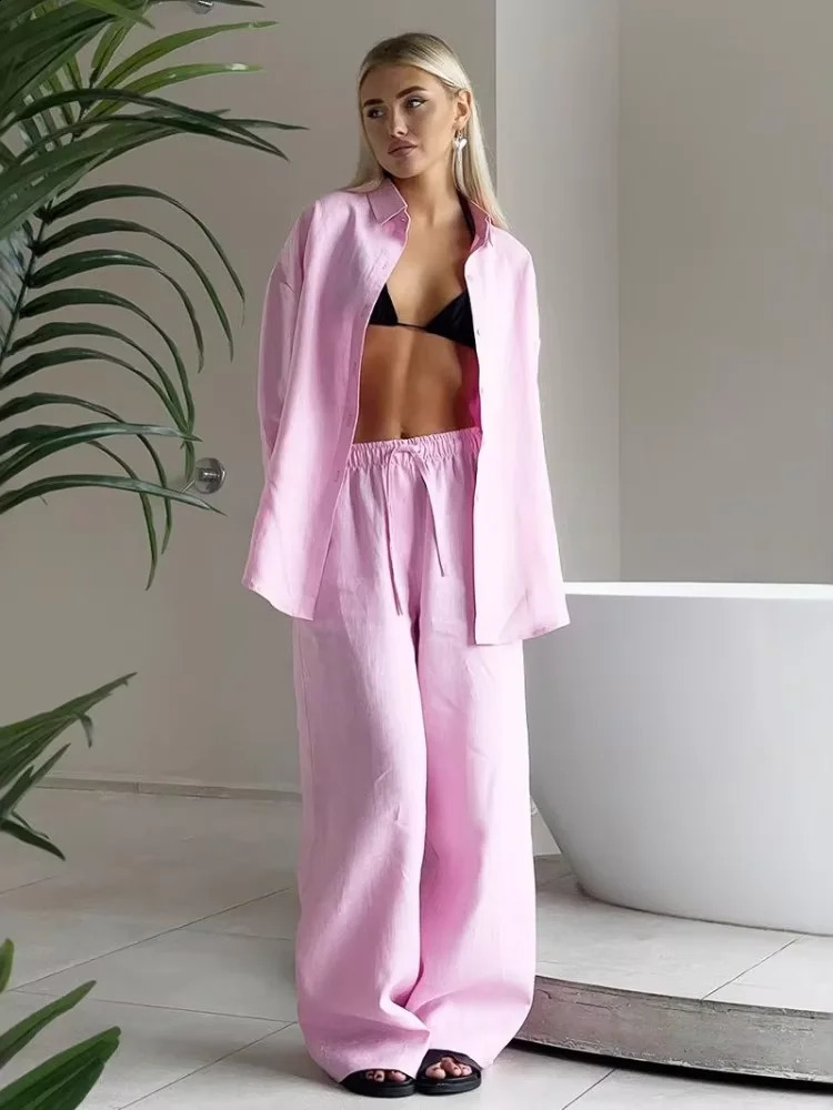 Women Cotton Pants Suit Fashion Full Sleeve Lapel Single Breasted Blouse 2-piece Set 2025 Lady Summer Holiday Beach Outfits 250410