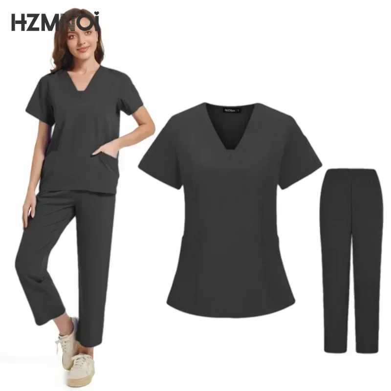 New Scrubs Nurse Uniforms Short Slve V-neck Top+Straight Pants Women Multicolor Nursing Scrubs Set Pet Doctor Medical Workwear X250410