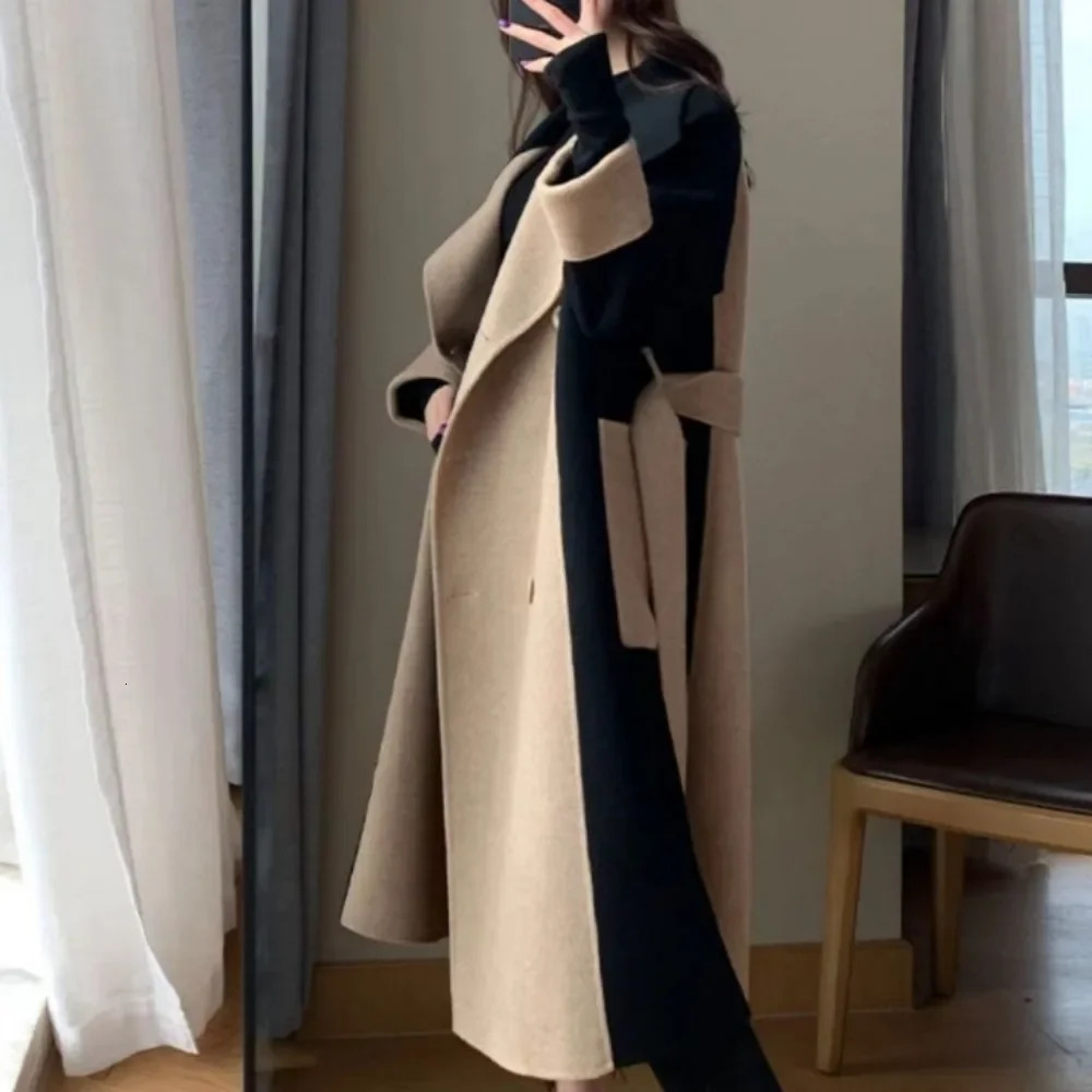 Women Autumn Winter Doublefaced Cashmere Blends Long Style Elegant Patchwork Woolen Overcoat High Street Slim Sashes Outerwear 251104
