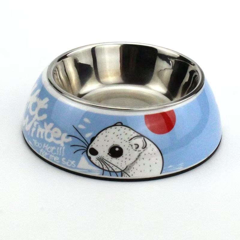 K3331 Anti-spill stainless steel pet bowl, weighted non-slip base, cartoon pattern, supplier of food bowls for dogs and cats.