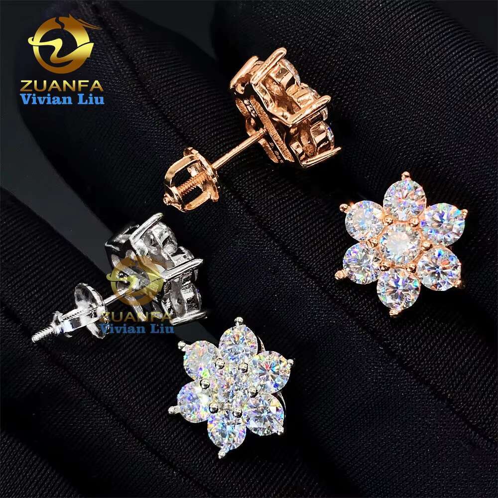 High Quality 18k Gold Plated 925 Sterling Silver Fashion Jewelry Luxury Shiny Vvs Moissanite Diamond Flower Jewelry Stud Earring