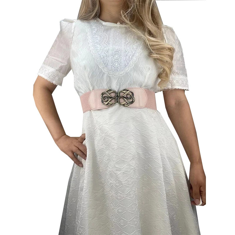 Women Vintage Leather Belt for Dress Elastic Stretched Band Brass Retro Buckle Lady Belt 251110